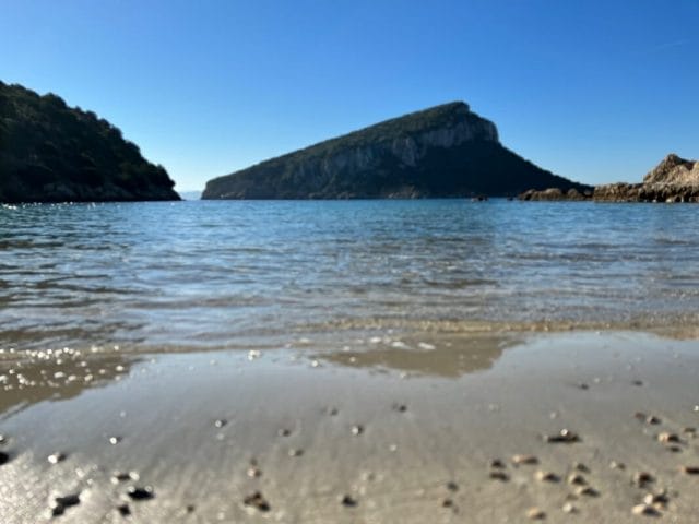 Vue de l'île de Figarolo depuis la plage de Cala Moresca